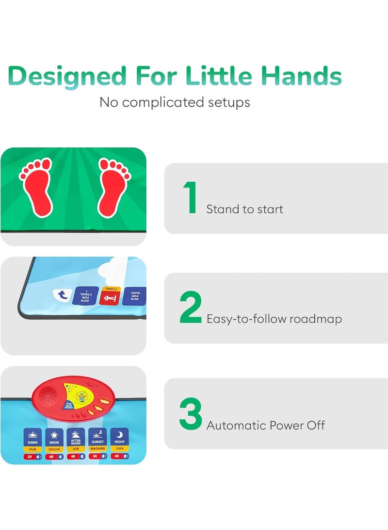 Eworld Interactive Kids Muslim Prayer Mat – Blue Electronic Salah Learning Mat with 36 Touch-Sensitive Keys, 10 Languages, Surahs, Wudu & Duas | Padded Educational Islamic Gift - Image 4